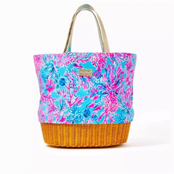 Lilly Pulitzer GWP canvas and wicker tote bag NWT - Picture 3 of 12